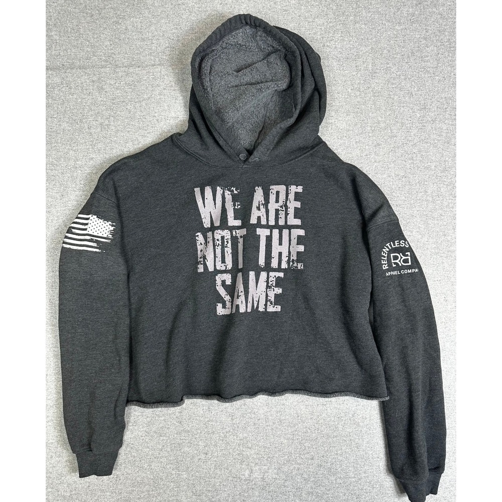 Relentless Rebel Cropped Hoodie Women XL Charcoal Grey Excellent Graphic Raw Hem